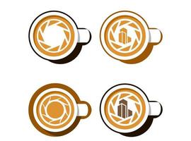 taza de café con leche con diseño de logotipo de marca de empresa de lente de cámara vector