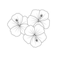 diseño de arte de línea de vector de flor de hibisco rojo sobre fondo blanco y negro para colorear página