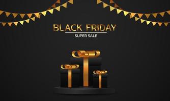 Black Friday Super Sale. Banner, poster on dark background. podium for sale. vector