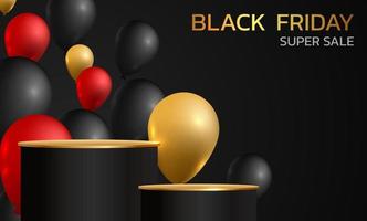 Black Friday Super Sale. Banner, poster on dark background. podium for sale. vector