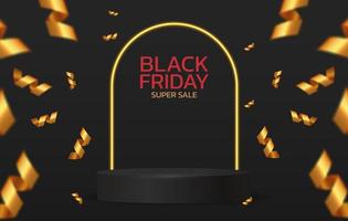 Black Friday Super Sale. Banner, poster on dark background. podium for sale. vector