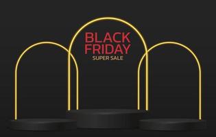 Black Friday Super Sale. Banner, poster on dark background. podium for sale. vector