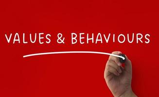 Values and behaviour text on red cover background. Conceptual photo