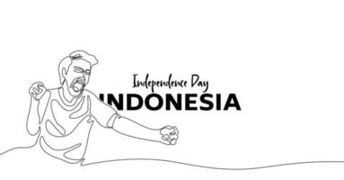 joven indonesio celebrando el día de la independencia de indonesia con alegría, espíritu y felicidad. dibujo de arte continuo de una línea de indonesia vector
