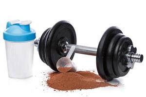 Dumbell and protein powder photo