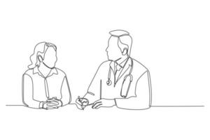 un solo dibujo de una línea doctor masculino en uniforme médico hablar discutir resultados o síntomas con paciente femenino. necesita un concepto médico. ilustración de vector gráfico de diseño de dibujo de línea continua.
