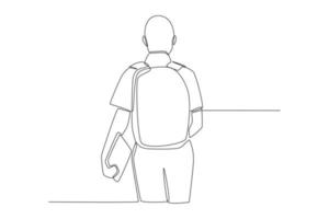 One continuous line drawing of back view Boy standing with bag pack on his back. Back to school concept. Single line draw design vector graphic illustration.