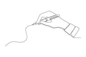One continuous line drawing of hand using a pen for writing. Back to school concept. Single line draw design vector graphic illustration.