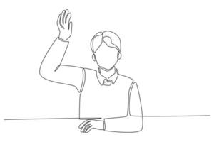 One continuous line drawing of boy student raising his arm to answer teacher's question during class in the classroom. Back to school concept. Single line draw design vector graphic illustration.