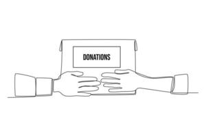 Single one line drawing Volunteer giving a donate box to the Recipient. World charity day concept. Continuous line draw design graphic vector illustration.