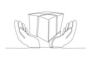 Single one line drawing Hands holding cardboard donation box. World charity day concept. Continuous line draw design graphic vector illustration.