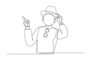 Continuous one line drawing happy young man with hat and glasses pointing finger up. World tourism day concept. Single line draw design vector graphic illustration.