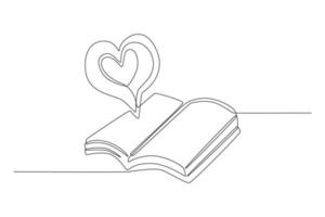 Single one line drawing Heart sign on book. Books lovers day concept. Single line draw design vector graphic illustration.