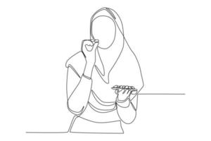 dibujo continuo de una línea hermosa joven musulmana con hijab comiendo dátiles para romper la fiesta. concepto de actividad alimentaria. ilustración gráfica vectorial de diseño de dibujo de una sola línea. vector