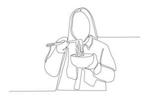 Continuous one line drawing Happy young Asian woman eating Asian noodles with chopsticks in her hand. Eating activity concept. Single line draw design vector graphic illustration.