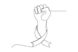 Single one line drawing Hand holding ribbon for child cancer care. Childhood Cancer Awareness Month Concept. Continuous line draw design graphic vector illustration.