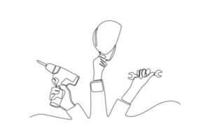 Continuous one line drawing a drill, hard hat and wrench are engineering tools. Engineering day concept. Single line draw design vector graphic illustration.