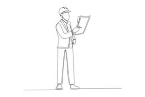 ingenieros de dibujo de una línea continua con sombrero duro sosteniendo y leyendo un plano. concepto del día de la ingeniería. ilustración gráfica vectorial de diseño de dibujo de una sola línea. vector