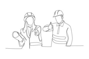 Continuous one line drawing male and female construction worker with hard hat showing thump up. Engineers day concept. Single line draw design vector graphic illustration.