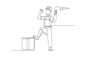 Continuous one line drawing happy workman with a drill. Engineers day concept. Single line draw design vector graphic illustration.