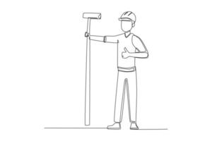 Continuous one line drawing male painter with paint roller and hard hat. Engineers day concept. Single line draw design vector graphic illustration.
