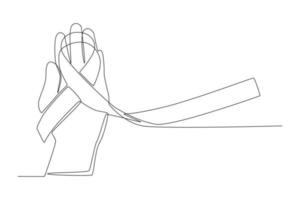 Single one line drawing Hand holding ribbon for child cancer care. Childhood Cancer Awareness Month Concept. Continuous line draw design graphic vector illustration.