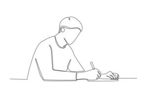 One continuous line drawing of student at class writing article on table. Back to school concept. Single line draw design vector graphic illustration.