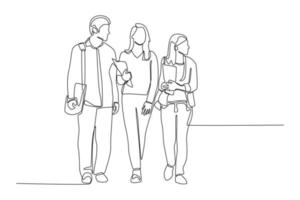 un dibujo de línea continua de estudiantes felices caminando juntos en la escuela. concepto de regreso a la escuela. ilustración gráfica vectorial de diseño de dibujo de una sola línea. vector