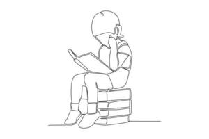 One continuous line drawing of student little girl reading the book and sit on the pile of book. Back to school concept. Single line draw design vector graphic illustration.