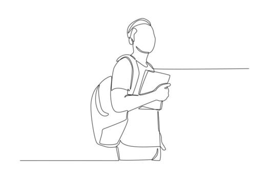 One continuous line drawing of boy student standing with backpack on his back and hold book in his hand. Back to school concept. Single line draw design vector graphic illustration.