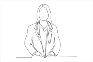 Continuous one line drawing professional confident young doctor in white coat, stethoscope over neck, ready help patient. Modern woman concept. Single line draw design vector graphic illustration.