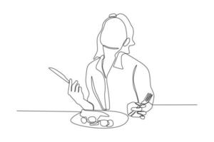 Continuous one line drawing happy Lady using fork and knife while enjoying her delicious meal. Eating activity concept. Single line draw design vector graphic illustration.