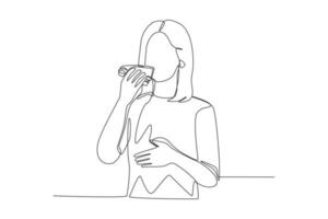 Continuous one line drawing happy woman eats sandwich with right hand. Eating activity concept. Single line draw design vector graphic illustration.