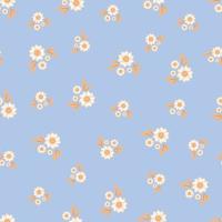 Seamless pattern with autumn small abstract bouquets of lined flowers in warm colors isolated on blue background in flat cartoon style vector