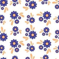 Seamless pattern with autumn small abstract bouquets of blue flowers in warm colors isolated on white background in flat cartoon style vector