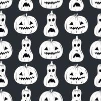 Seamless pattern with white silhouette of a pumpkin face with black eyes for halloween on the dark background vector