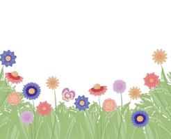 Horizontal border with spring meadow plants and flowers on white background with space for text in pastel colors in flat cartoon style vector