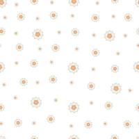 Seamless pattern with autumn small lined abstract flowers in warm colors isolated on white background in flat cartoon style vector