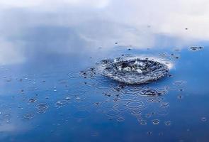 Beautiful water at a lake with splashing water and ripples on the surface with clouds and blue sky reflections photo