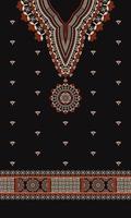 Ethnic red-gold color dress flower embroidery pattern with border on black background. African tribal art fashion. vector