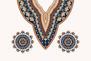 Ethnic neck embroidery vintage color flower pattern design with elements. Tribal art shirts fashion. vector