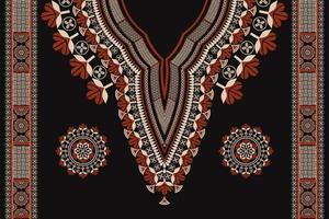 Ethnic red-gold color neckline flower embroidery pattern with decoration elements border on black background. African tribal art shirts fashion. vector