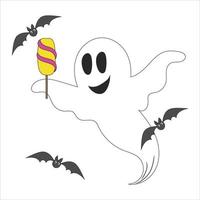 ilustración vectorial para halloween, un fantasma amistoso con helado y murciélagos vector