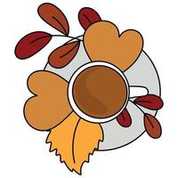 cozy autumn still life, a cup of coffee on a saucer, with cookies, on a background of leaves vector