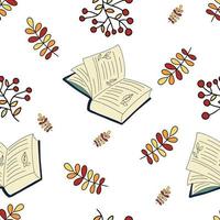 autumn vector seamless endless pattern. leaves and books on a white background.