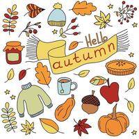 a set of autumn elements in the doodle style. vector illustration isolated