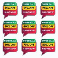 Sale tags set vector badges up to 10,15,20,40,50,60,70,80 percent off big sale discount offer banner