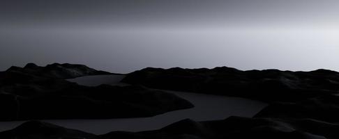 Dark mountain plateau with winding river background. Futuristic evening landscape with 3d render of black canyons and gray gradient sky. Night hills with current meandering water flow between them photo