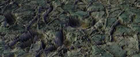 Futuristic mountainous landscape with stone outgrowths. Abstract valley rugged 3d render with sandstone clearings and deep pits. Topographic alien design from top view photo