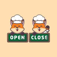 cute fox chef mascot cartoon character with open and close board vector